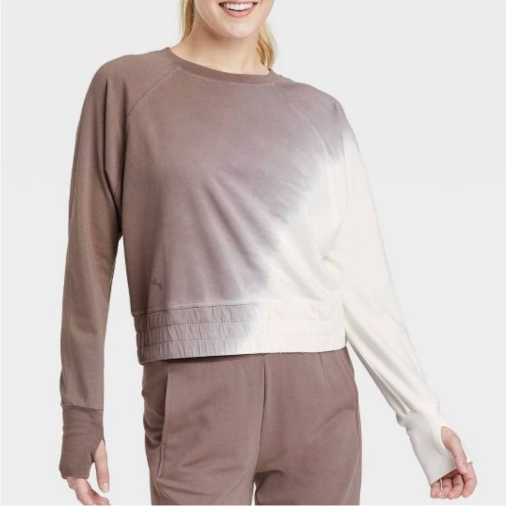 JoyLab French Terry Brown White Tie-Dye Cropped Pullover Sweatshirt Size M